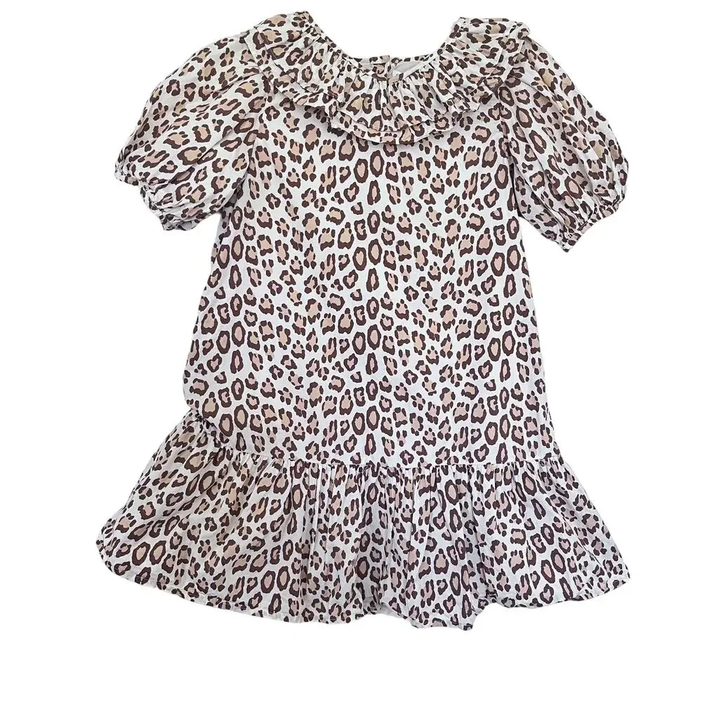 Janie and Jack Snow Leopard Print Tiered Puff Sleeve Dress Girls Size 10